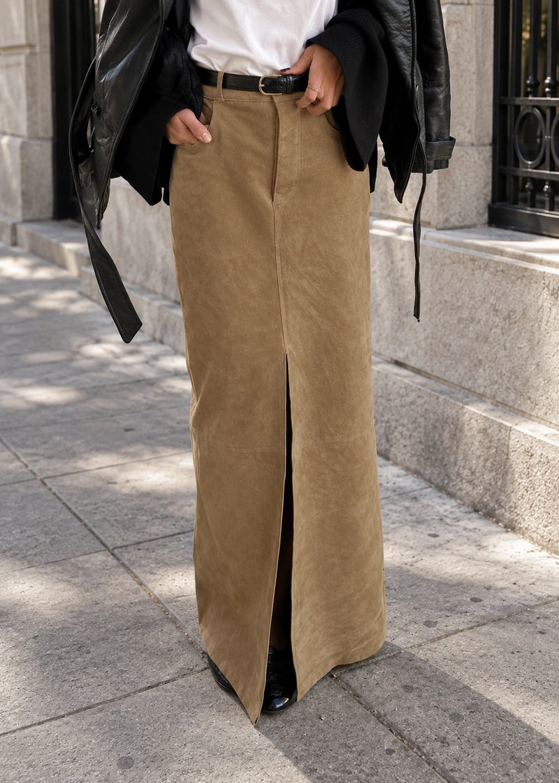 SALAZIA Brown Suede Front Slit Maxi Skirts