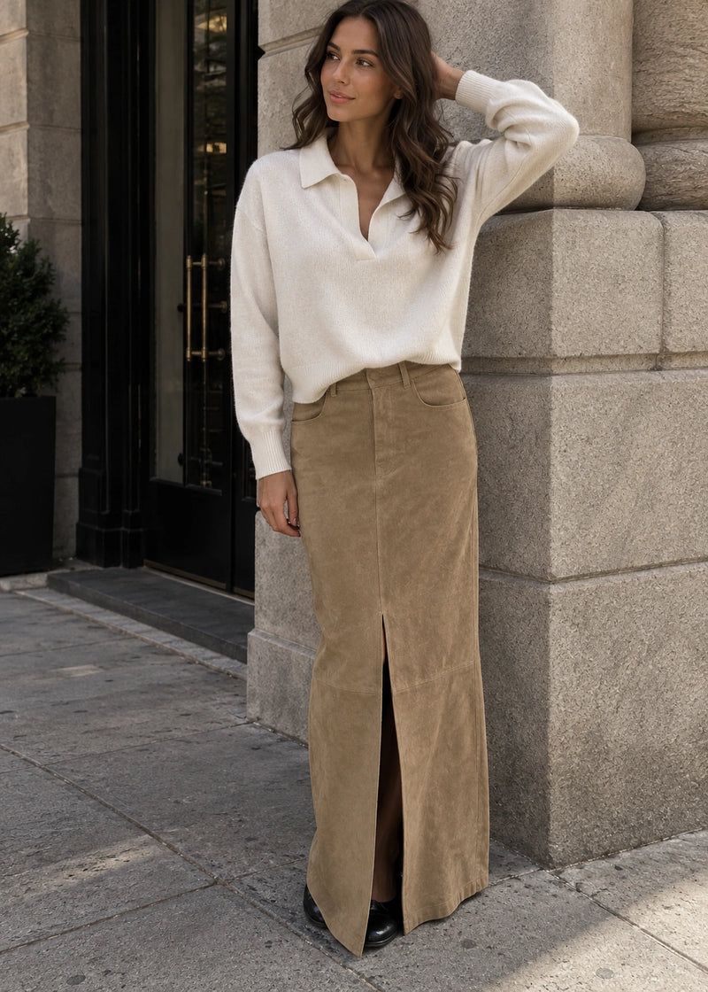 SALAZIA Brown Suede Front Slit Maxi Skirts