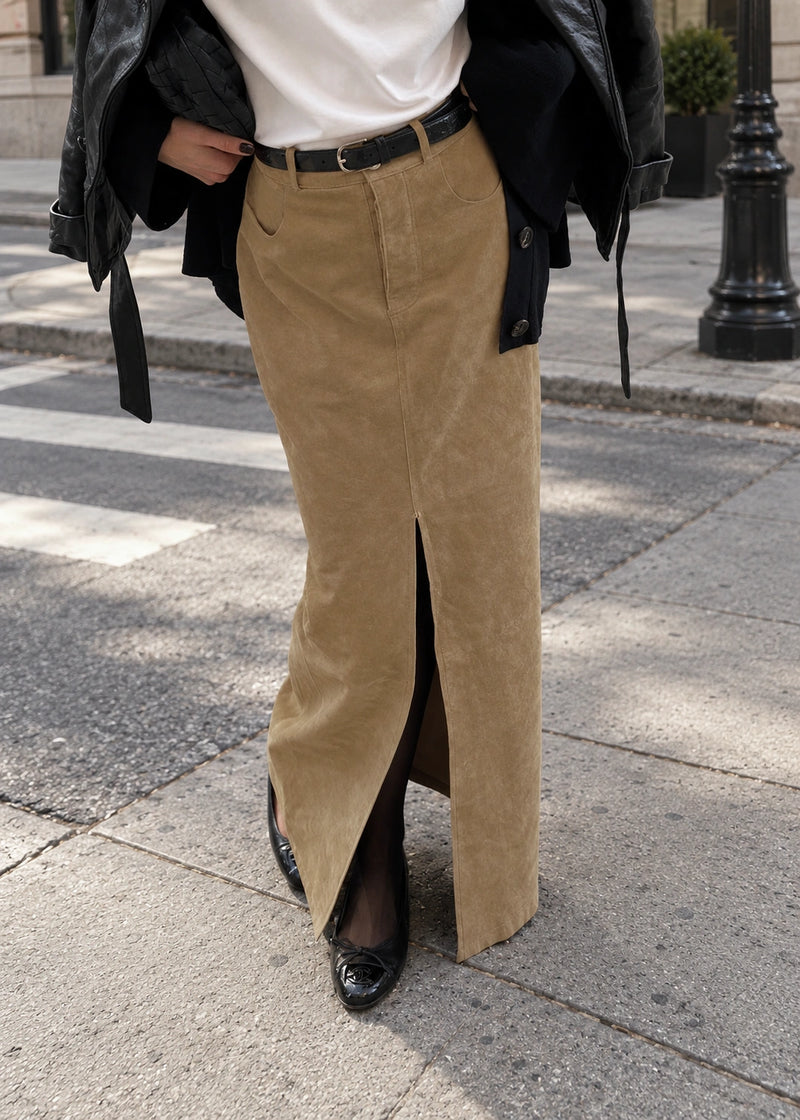 SALAZIA Brown Suede Front Slit Maxi Skirts