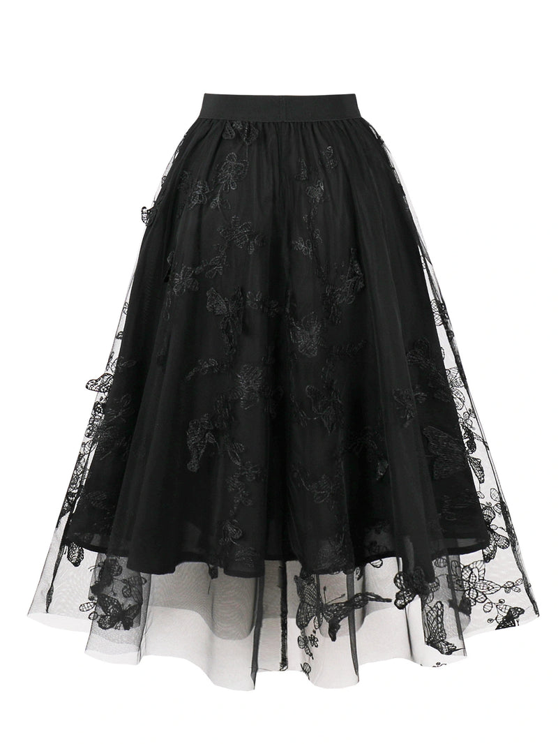 SALAZIA Butterfly Embroidered Tulle A-Line Midi Skirts