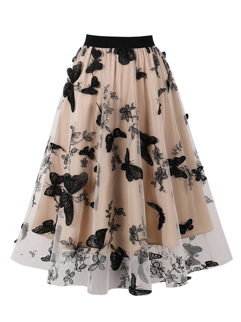 SALAZIA Butterfly Embroidered Tulle A-Line Midi Skirts
