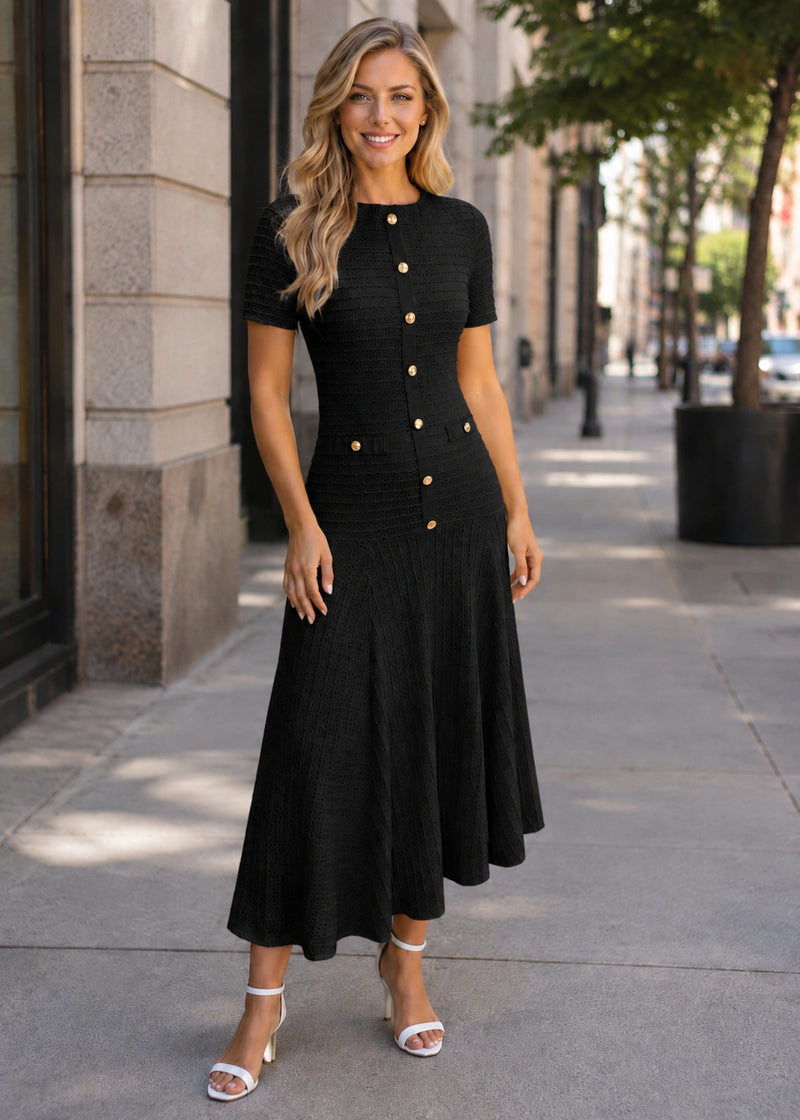 SALAZIA Button Front Knit Short-Sleeve Midi Dresses