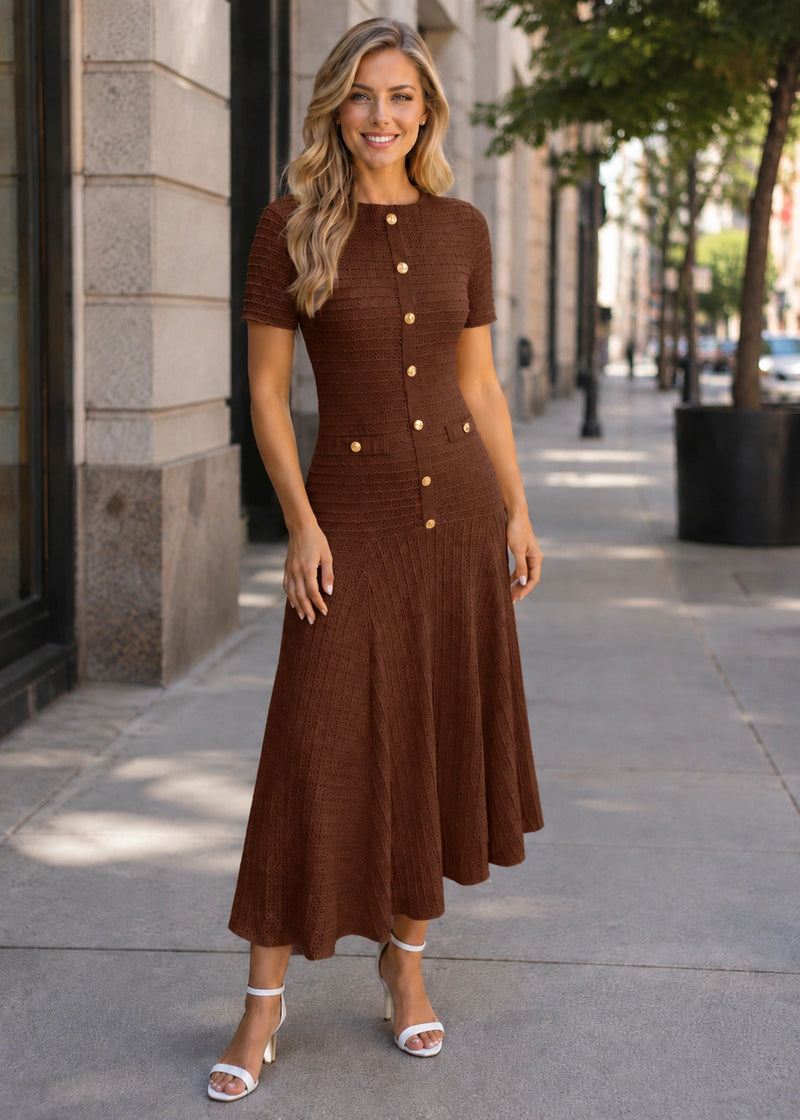 SALAZIA Button Front Knit Short-Sleeve Midi Dresses