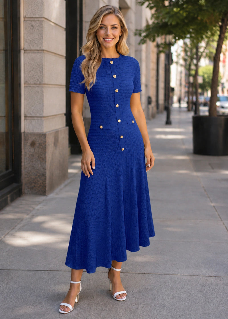 SALAZIA Button Front Knit Short-Sleeve Midi Dresses
