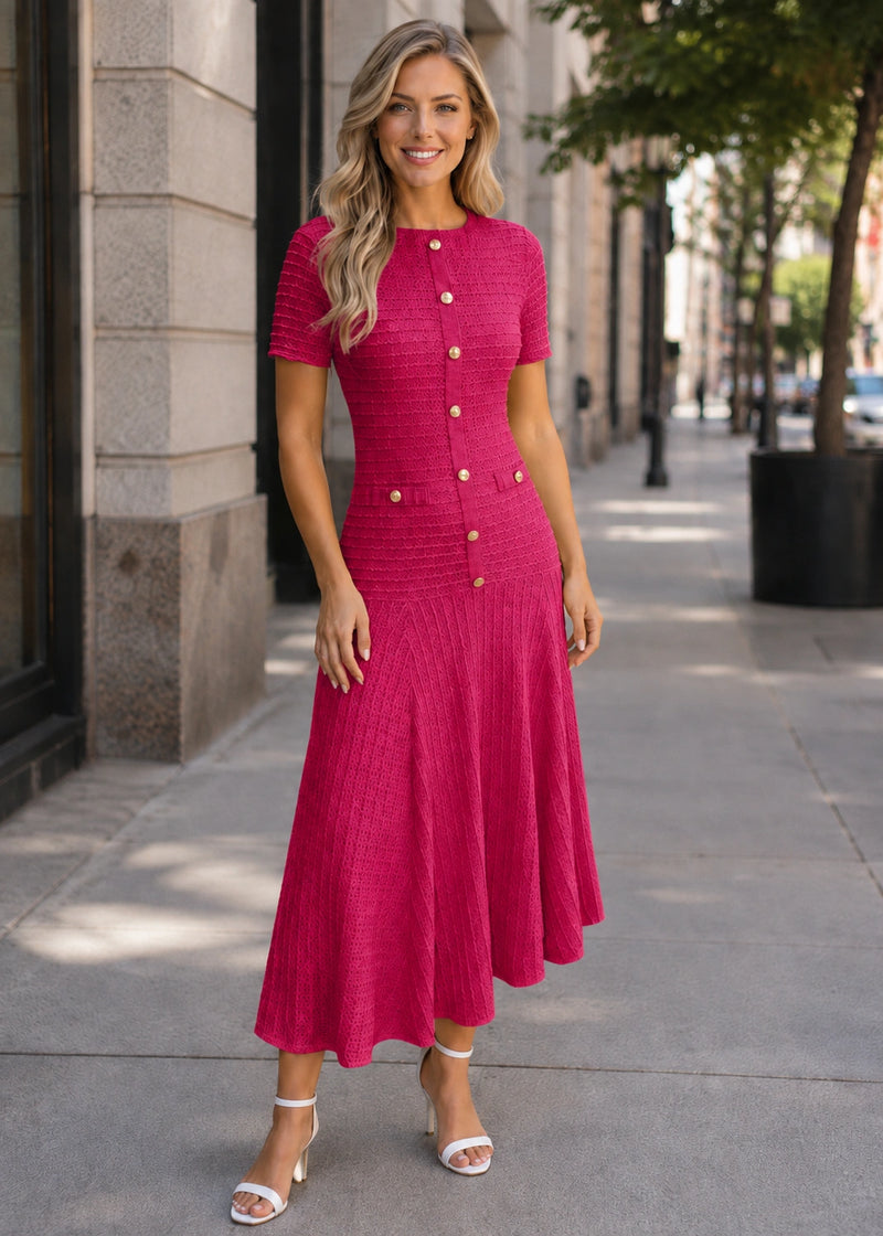 SALAZIA Button Front Knit Short-Sleeve Midi Dresses
