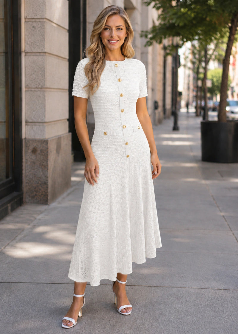 SALAZIA Button Front Knit Short-Sleeve Midi Dresses