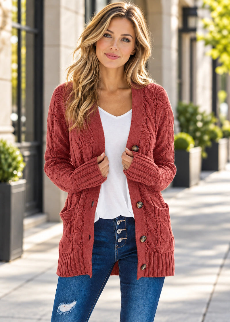 SALAZIA Cable-Knit V-Neck Button-Front Relaxed Longline Cardigan