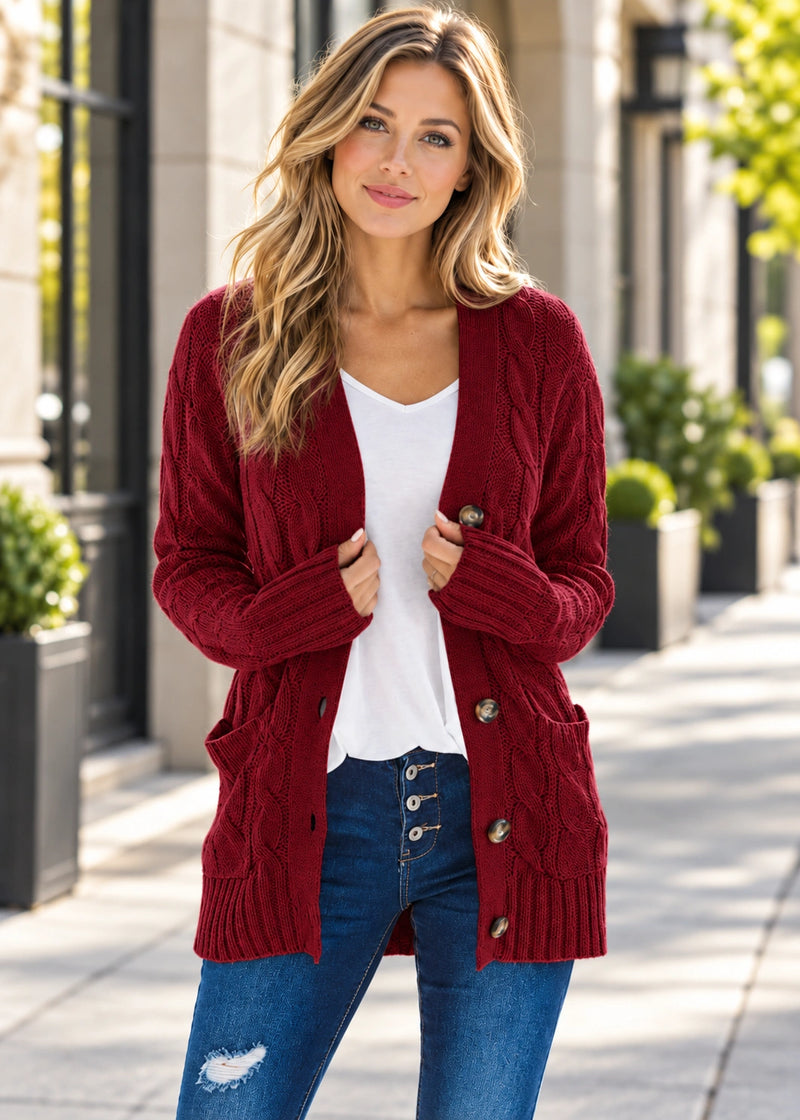 SALAZIA Cable-Knit V-Neck Button-Front Relaxed Longline Cardigan
