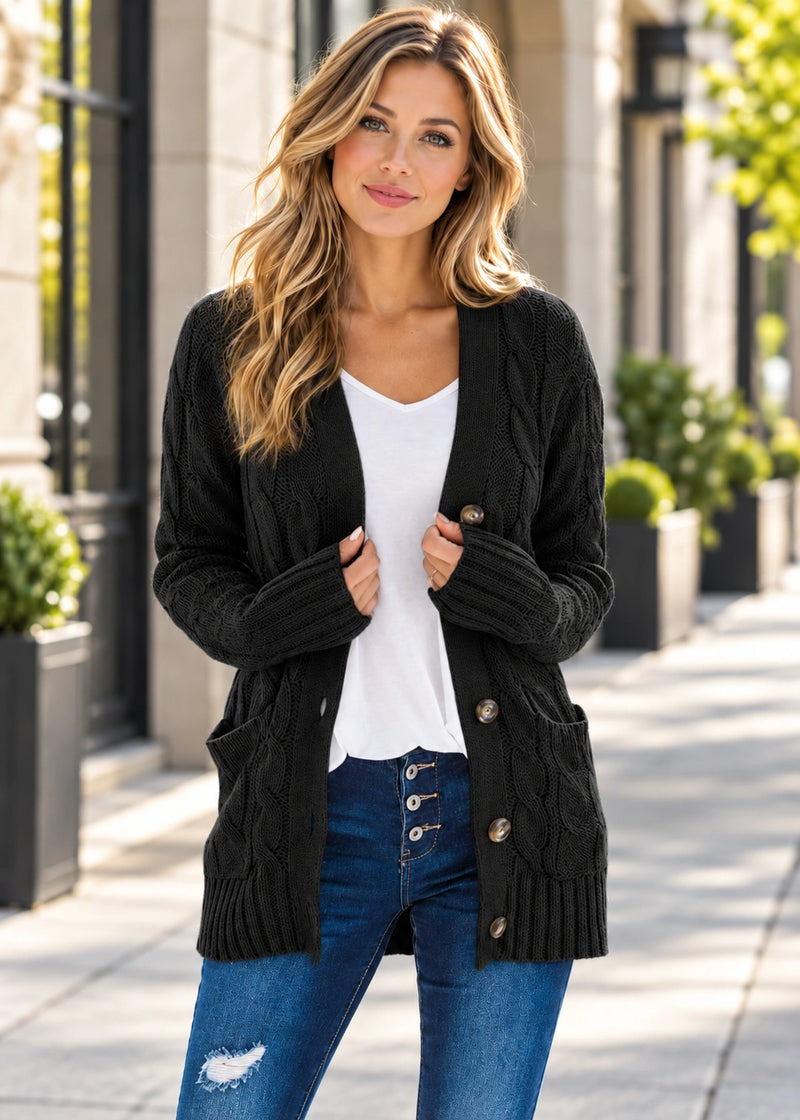 SALAZIA Cable-Knit V-Neck Button-Front Relaxed Longline Cardigan