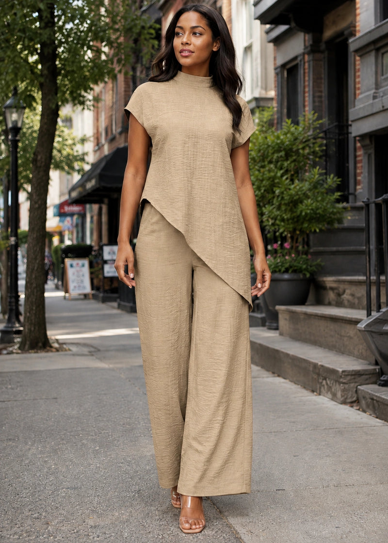 SALAZIA Cap-Sleeve Asymmetrical Top & Wide-Lleg Pants Sets