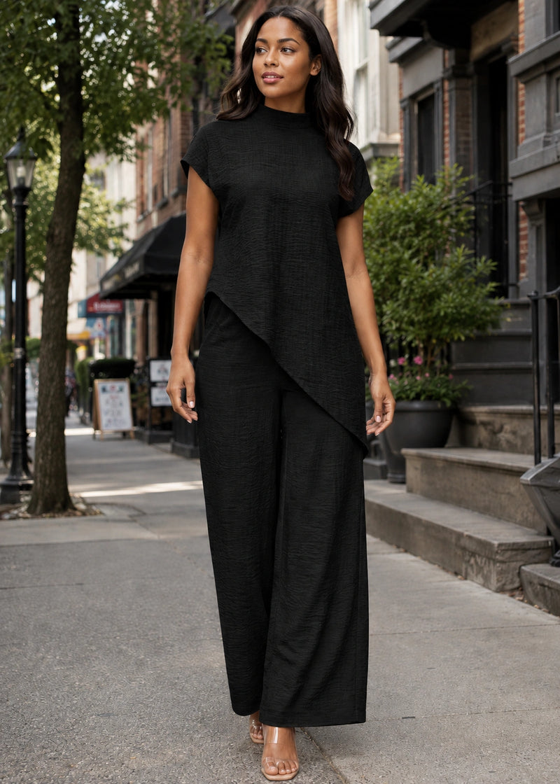 SALAZIA Cap-Sleeve Asymmetrical Top & Wide-Lleg Pants Sets