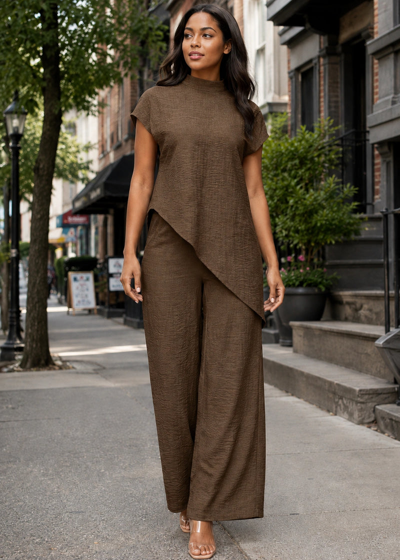 SALAZIA Cap-Sleeve Asymmetrical Top & Wide-Lleg Pants Sets