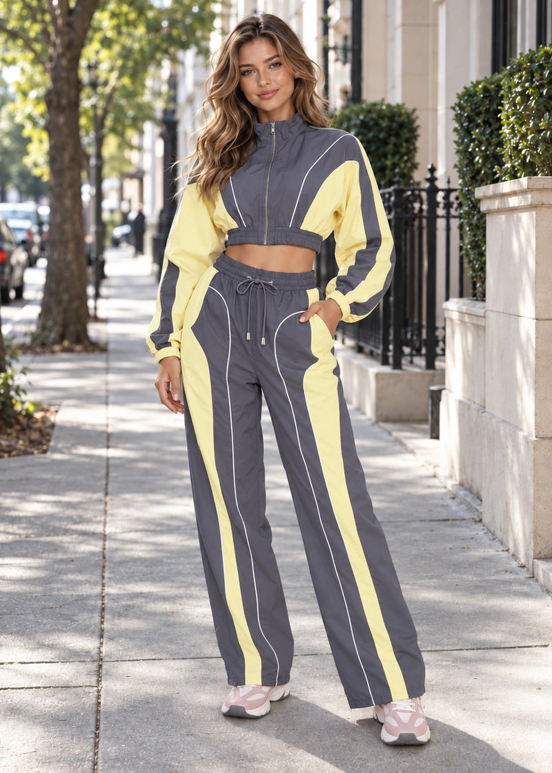 SALAZIA Casual Color Block Stand Collar Zip-Up Jacket and Wide-Leg Pants Two-Piece Sets