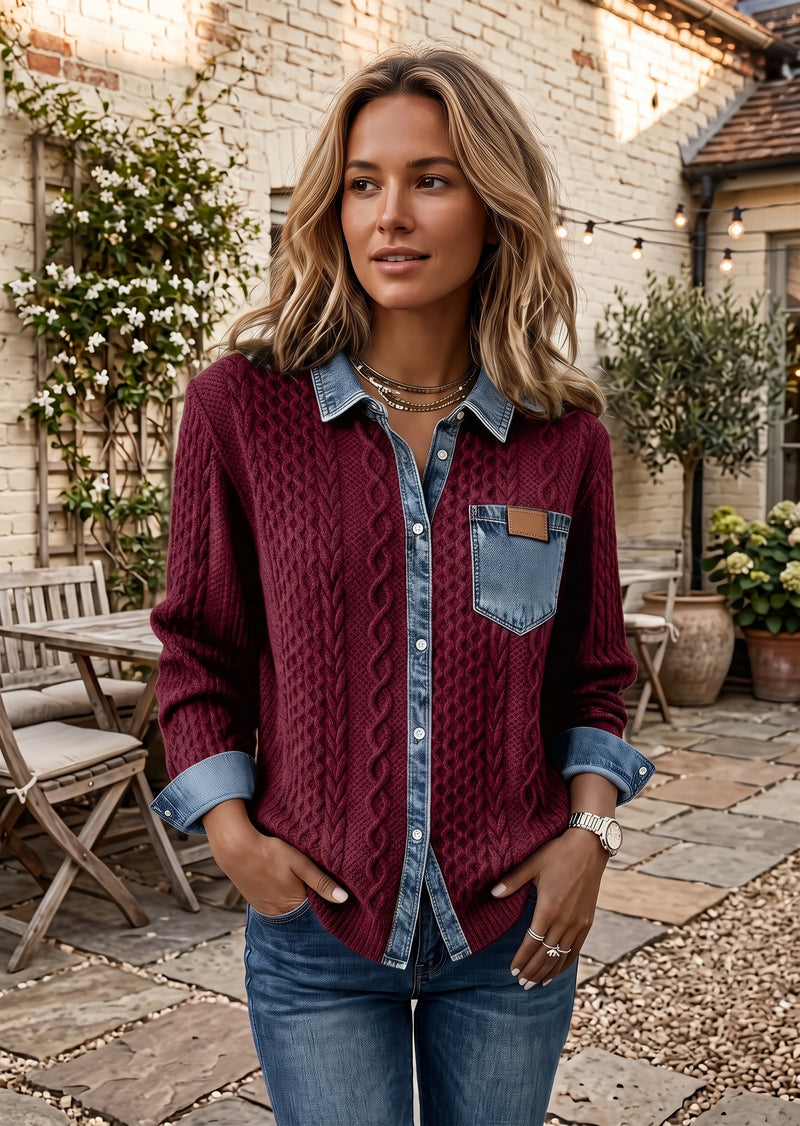 SALAZIA Casual Denim Spliced Cable Knit Button-Down Shirt Cardigan Sweater