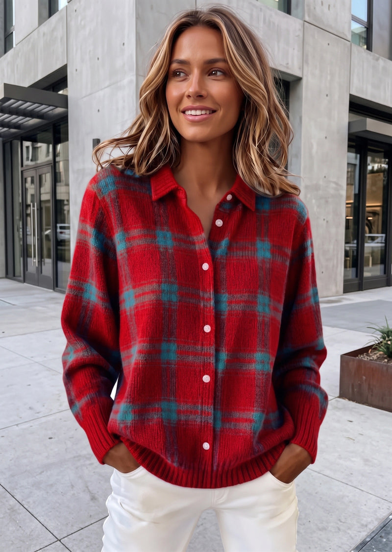 SALAZIA Casual Geometric Plaid Knit Single-Breasted Lapel Cardigan Sweaters