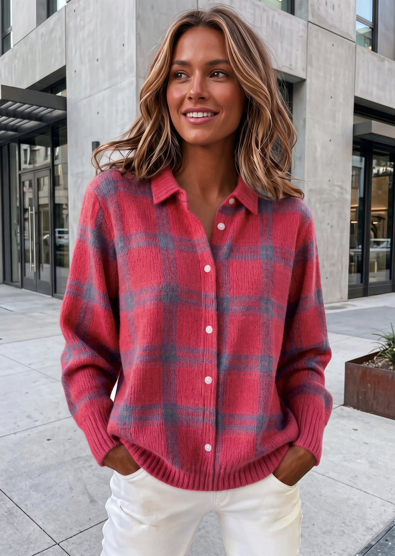 SALAZIA Casual Geometric Plaid Knit Single-Breasted Lapel Cardigan Sweaters