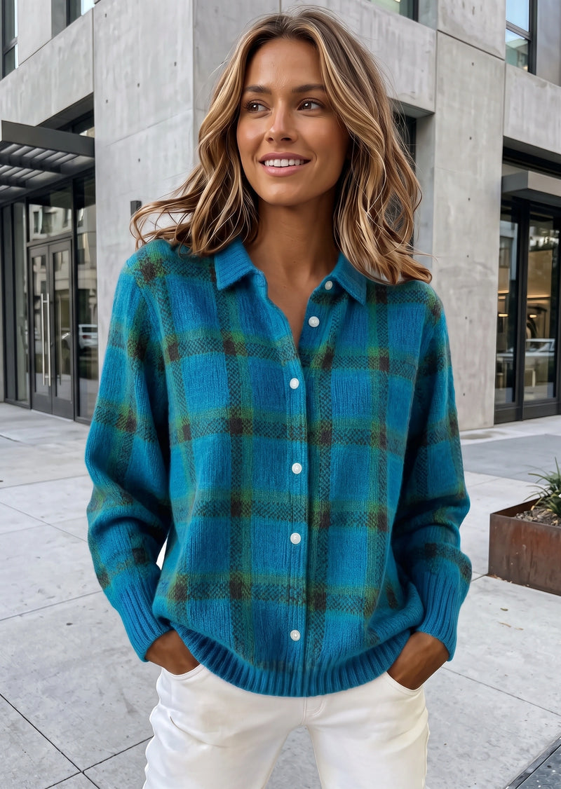 SALAZIA Casual Geometric Plaid Knit Single-Breasted Lapel Cardigan Sweaters