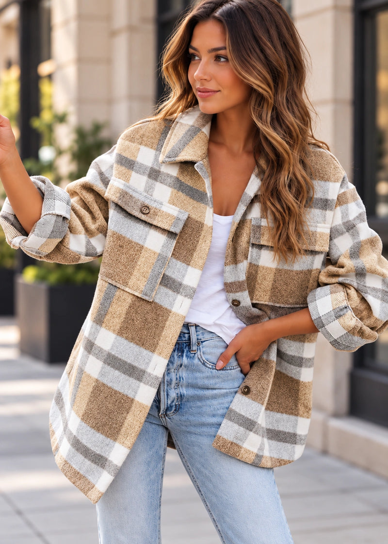 SALAZIA Casual Plaid Button-Down Flannel Shirt Jacket