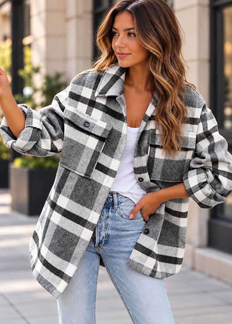 SALAZIA Casual Plaid Button-Down Flannel Shirt Jacket
