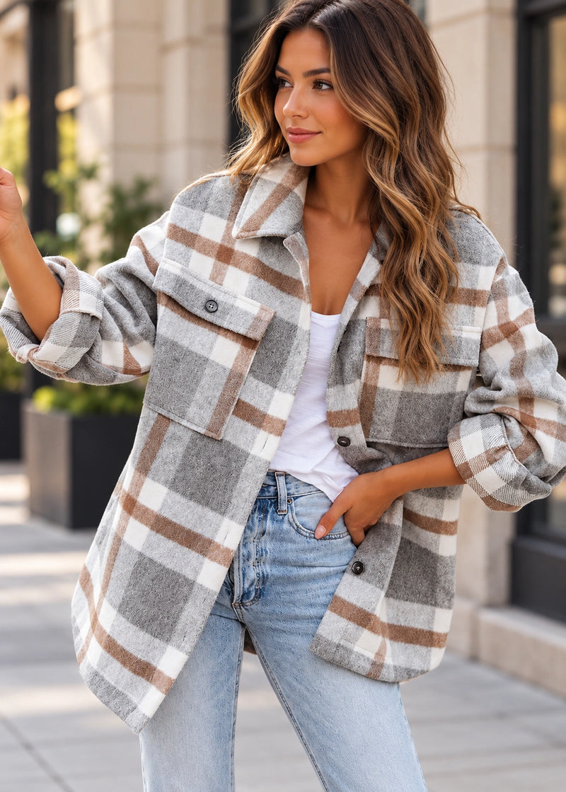 SALAZIA Casual Plaid Button-Down Flannel Shirt Jacket