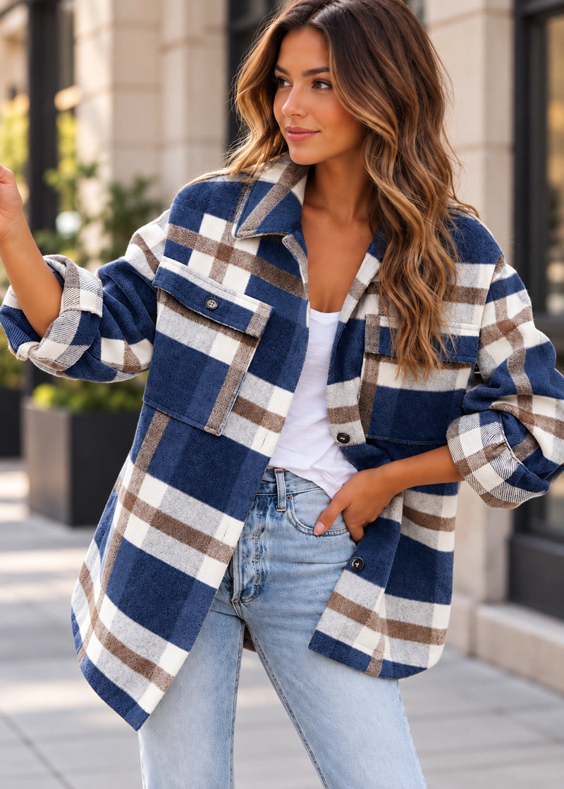 SALAZIA Casual Plaid Button-Down Flannel Shirt Jacket