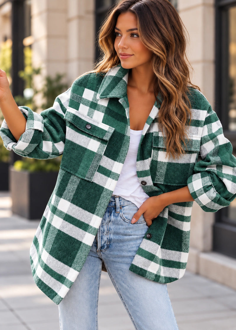 SALAZIA Casual Plaid Button-Down Flannel Shirt Jacket