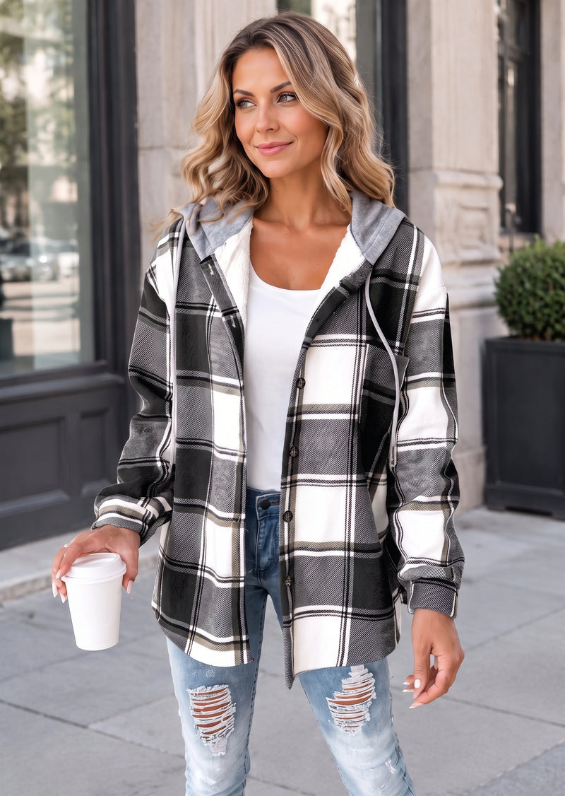 SALAZIA Casual Plaid Contrast Hooded Button-Down Wool Blend Shirt Jacket