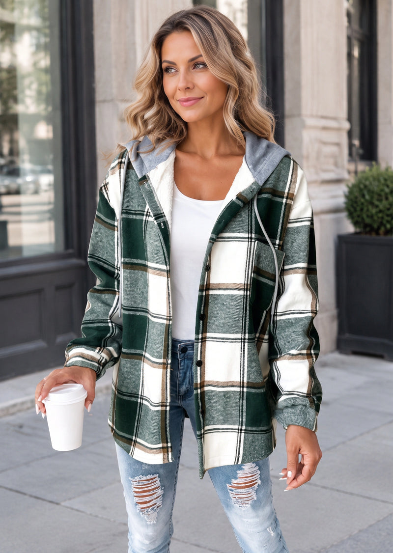 SALAZIA Casual Plaid Contrast Hooded Button-Down Wool Blend Shirt Jacket