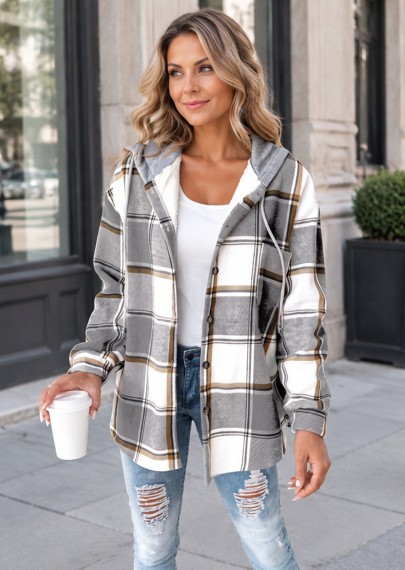 SALAZIA Casual Plaid Contrast Hooded Button-Down Wool Blend Shirt Jacket