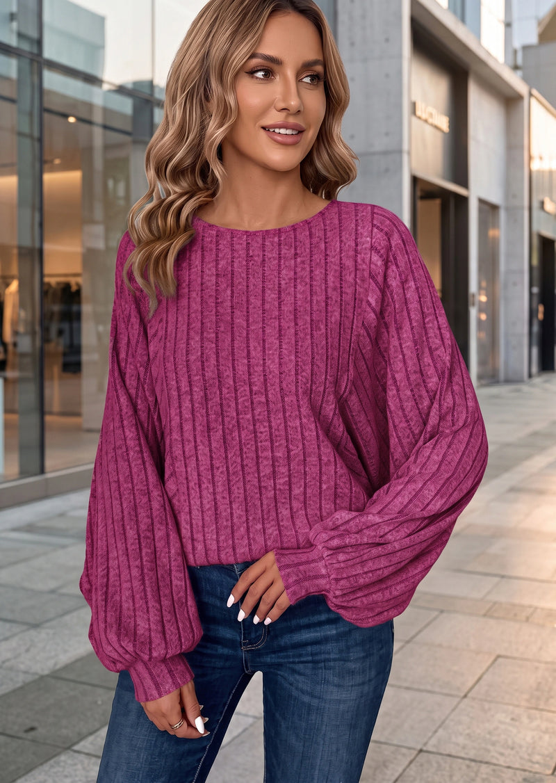 SALAZIA Casual Solid Crew Neck Ribbed Lantern Sleeve Pullover Sweater