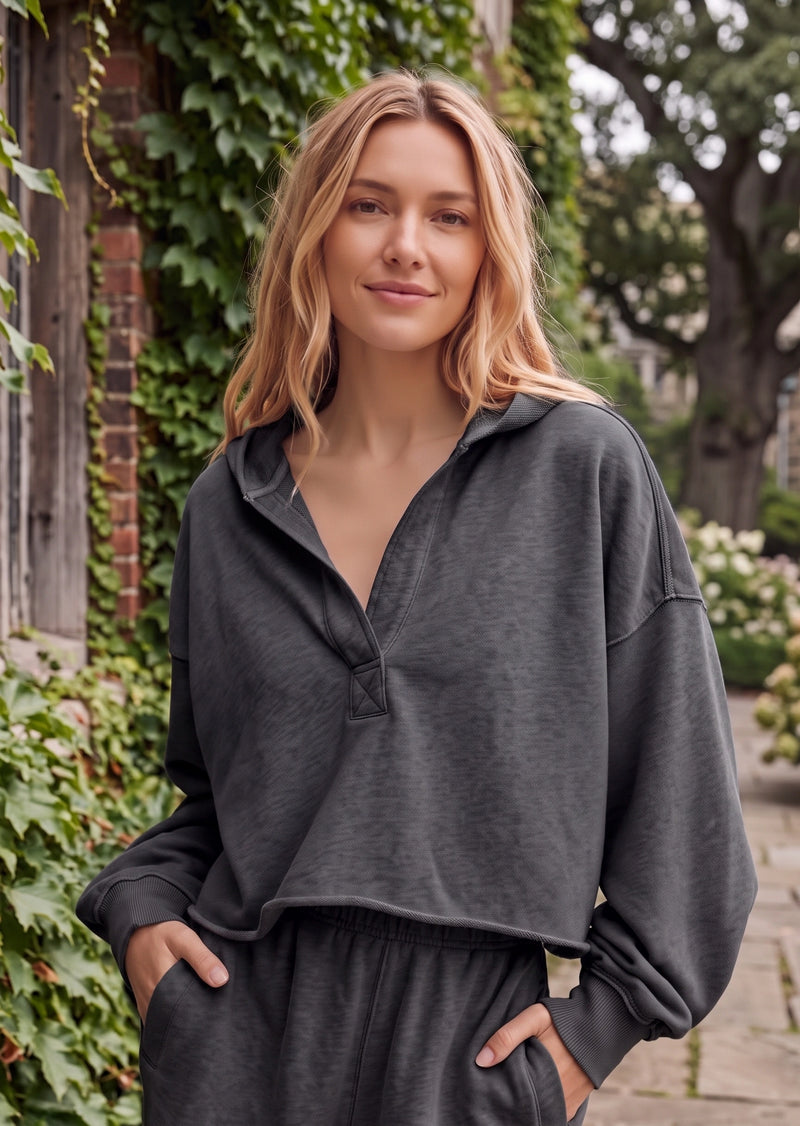 SALAZIA Casual Solid Hooded V-Neck Raw Hem Cropped Pullover Sweater