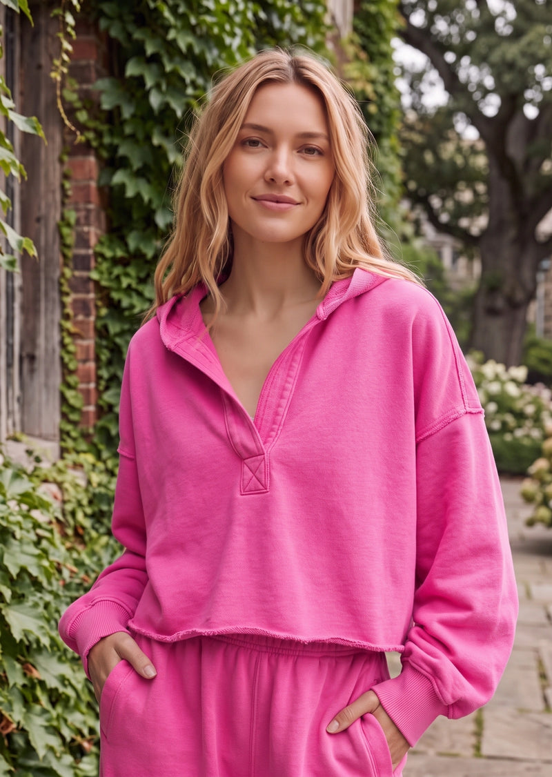 SALAZIA Casual Solid Hooded V-Neck Raw Hem Cropped Pullover Sweater