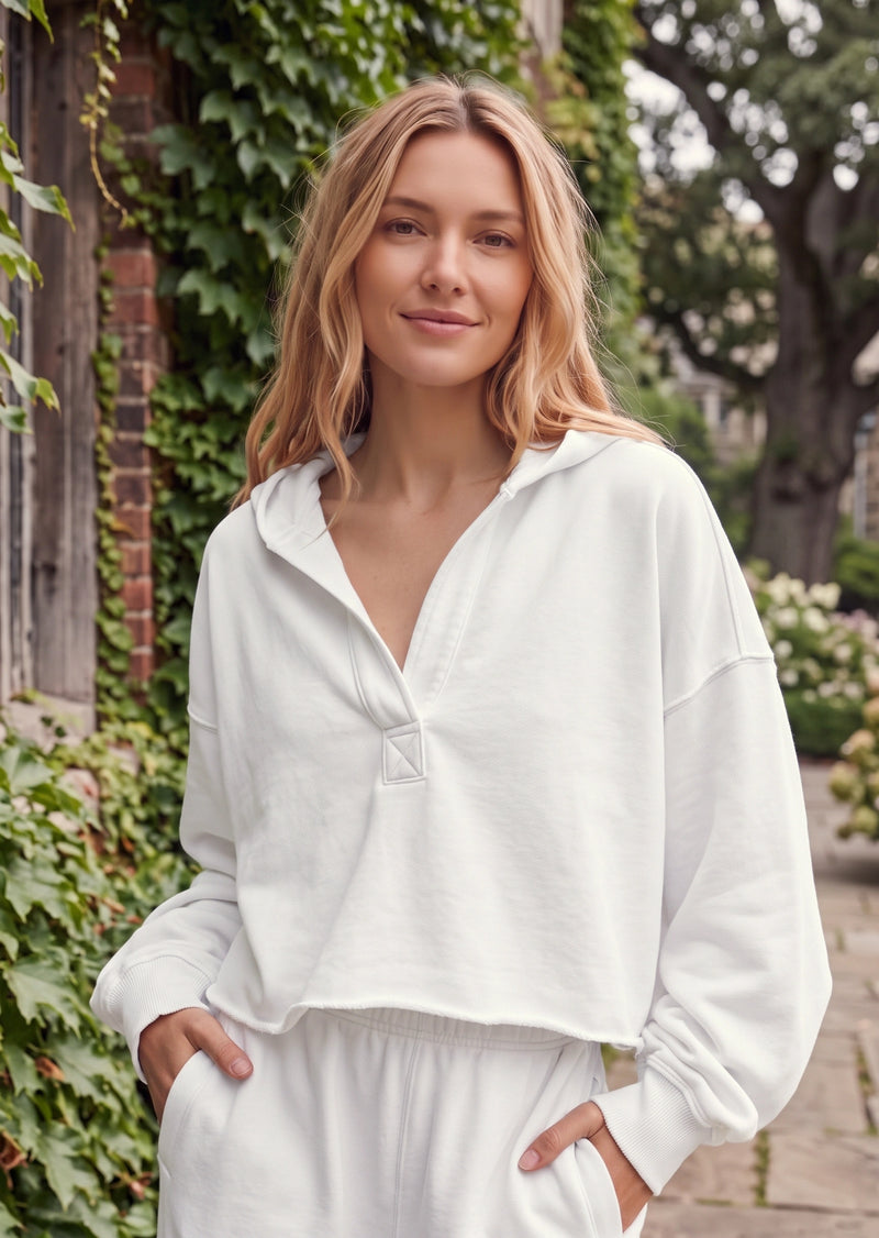 SALAZIA Casual Solid Hooded V-Neck Raw Hem Cropped Pullover Sweater