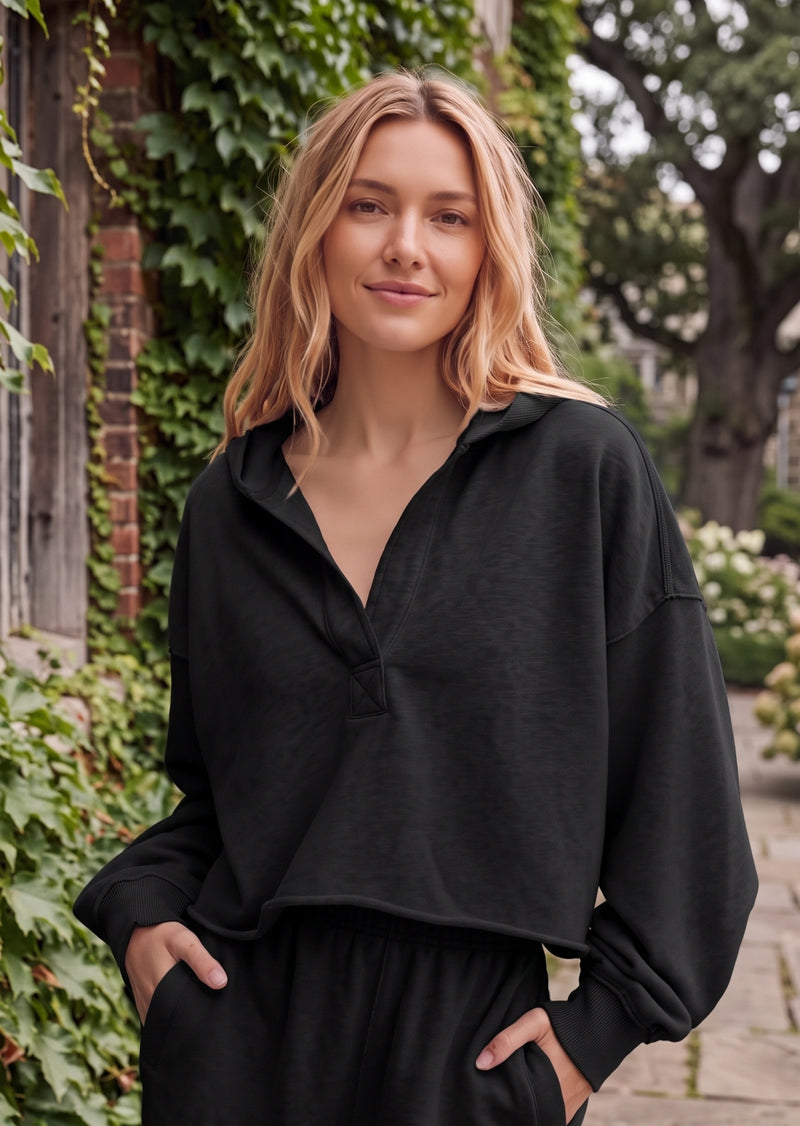 SALAZIA Casual Solid Hooded V-Neck Raw Hem Cropped Pullover Sweater