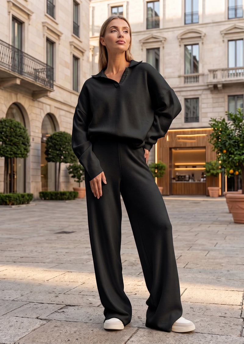 SALAZIA Casual Solid Polo Collar Knit Sweater and Wide Leg Pants Sets
