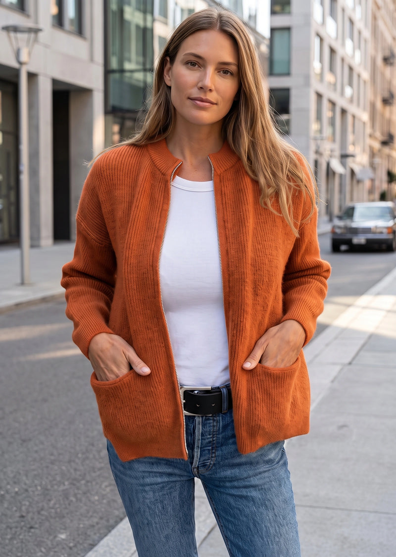 SALAZIA Casual Solid Zip-Up Ribbed Knit Cardigan Sweater