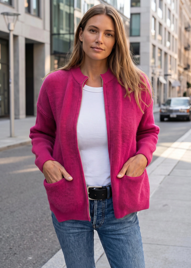 SALAZIA Casual Solid Zip-Up Ribbed Knit Cardigan Sweater