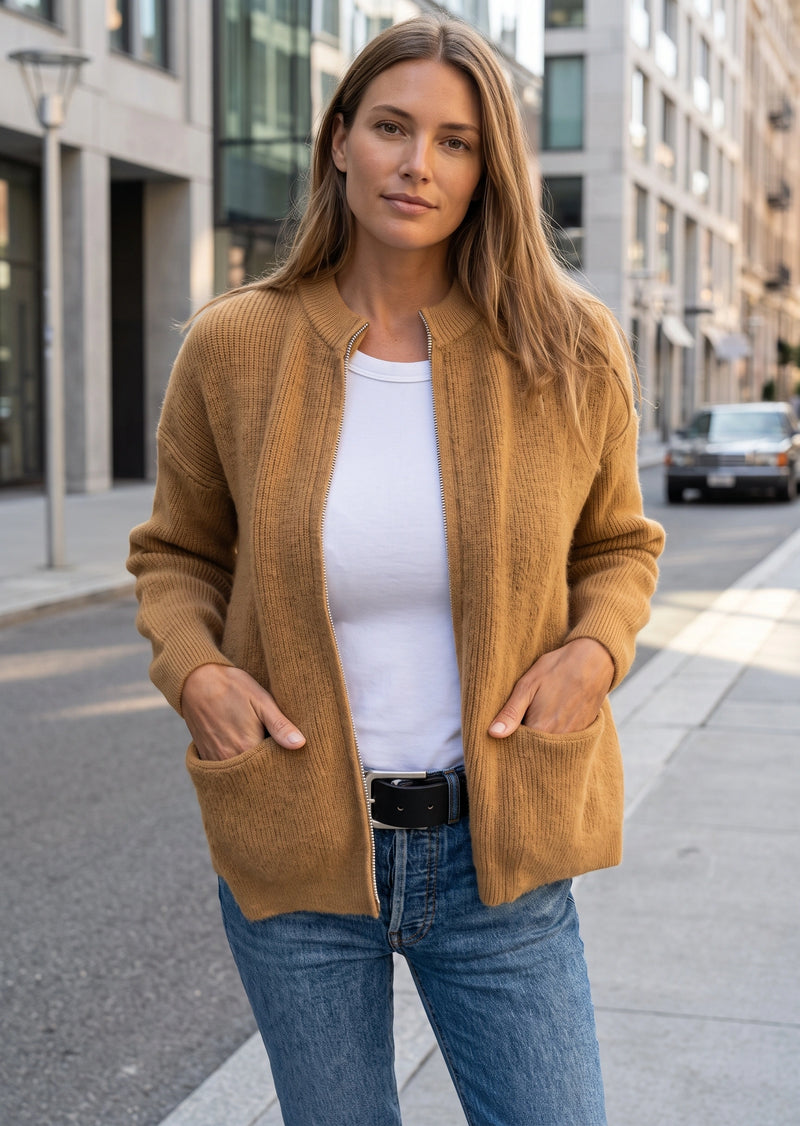 SALAZIA Casual Solid Zip-Up Ribbed Knit Cardigan Sweater