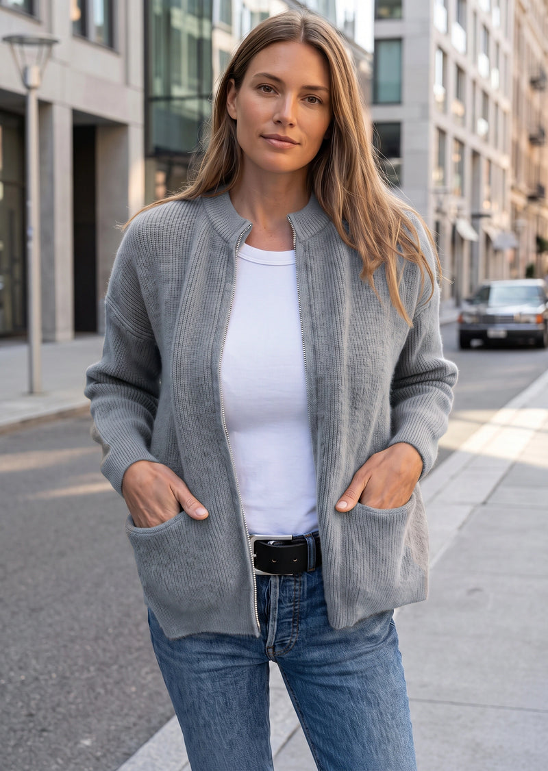 SALAZIA Casual Solid Zip-Up Ribbed Knit Cardigan Sweater