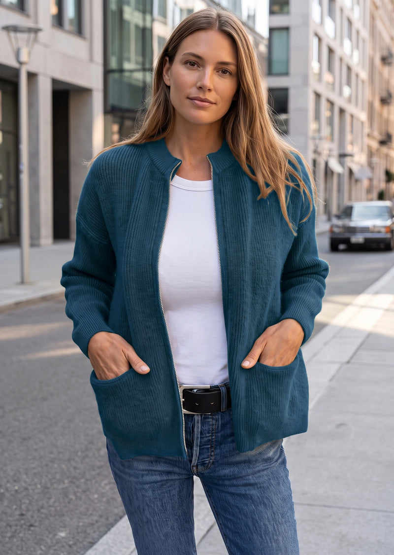 SALAZIA Casual Solid Zip-Up Ribbed Knit Cardigan Sweater