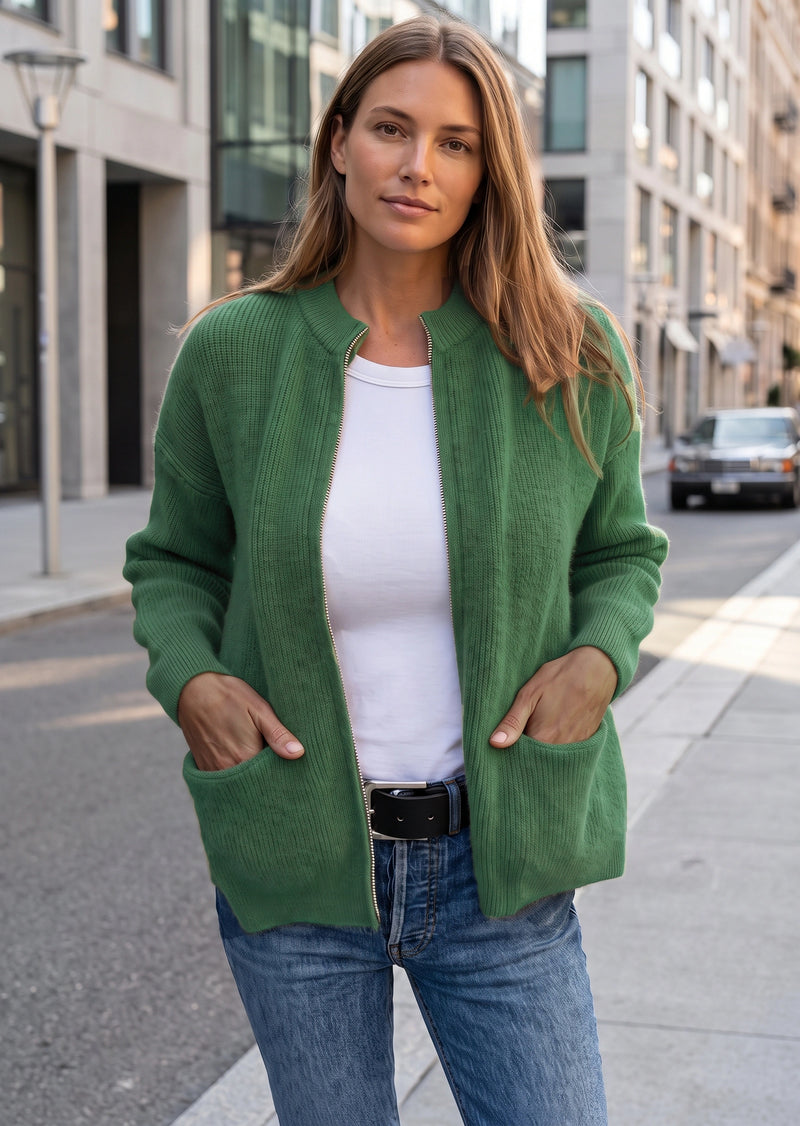 SALAZIA Casual Solid Zip-Up Ribbed Knit Cardigan Sweater