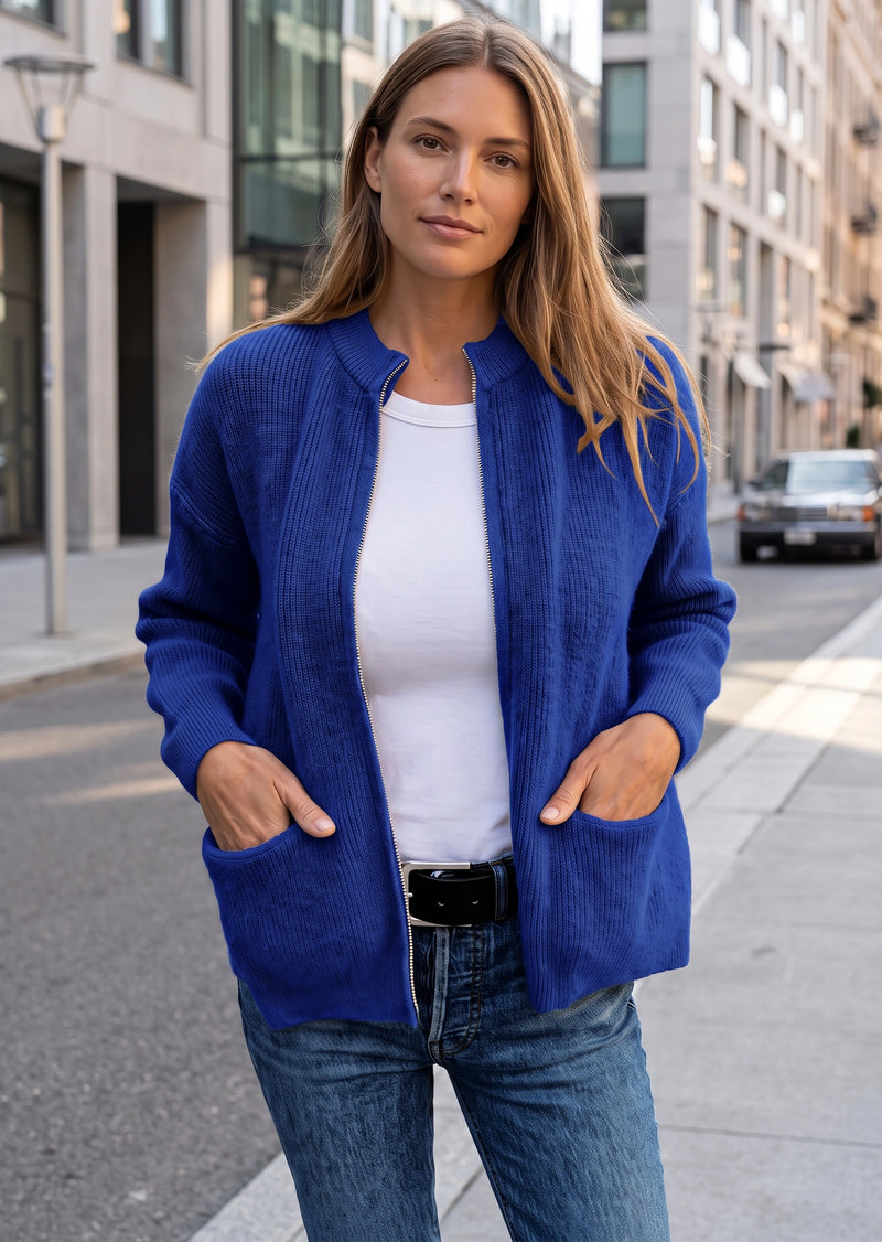 SALAZIA Casual Solid Zip-Up Ribbed Knit Cardigan Sweater