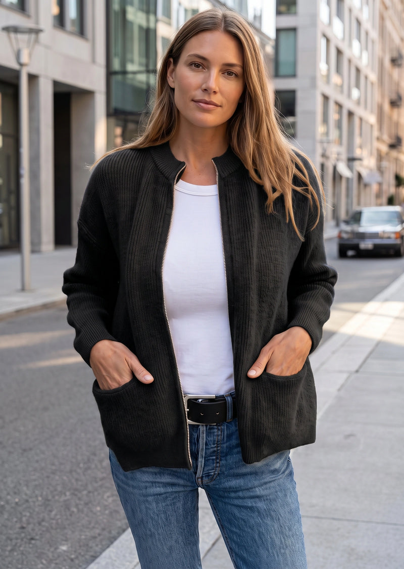 SALAZIA Casual Solid Zip-Up Ribbed Knit Cardigan Sweater