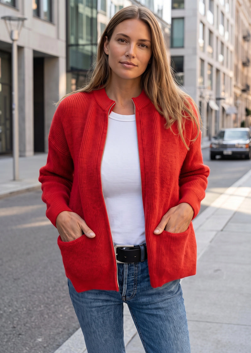 SALAZIA Casual Solid Zip-Up Ribbed Knit Cardigan Sweater