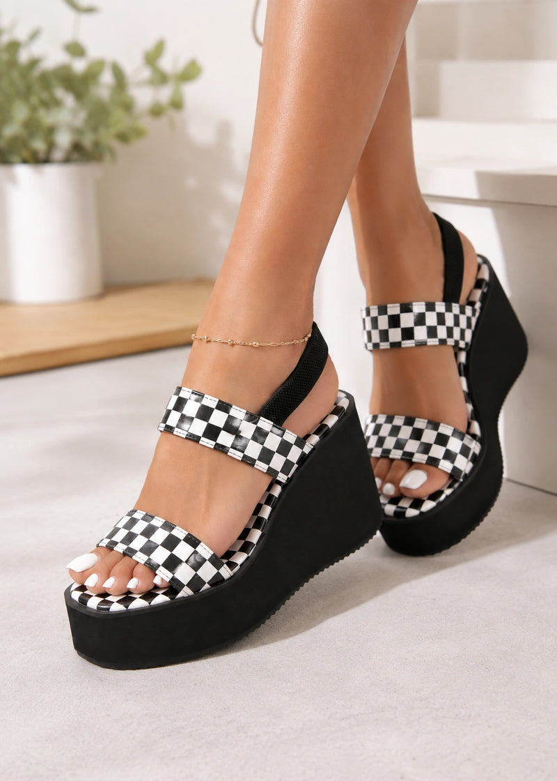 SALAZIA Checkered Wedge Platform Slingback Sandals