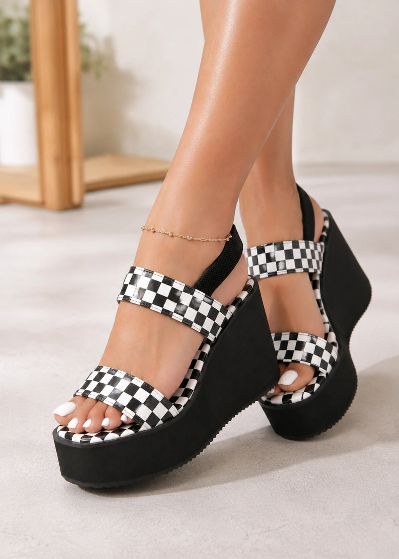 SALAZIA Checkered Wedge Platform Slingback Sandals