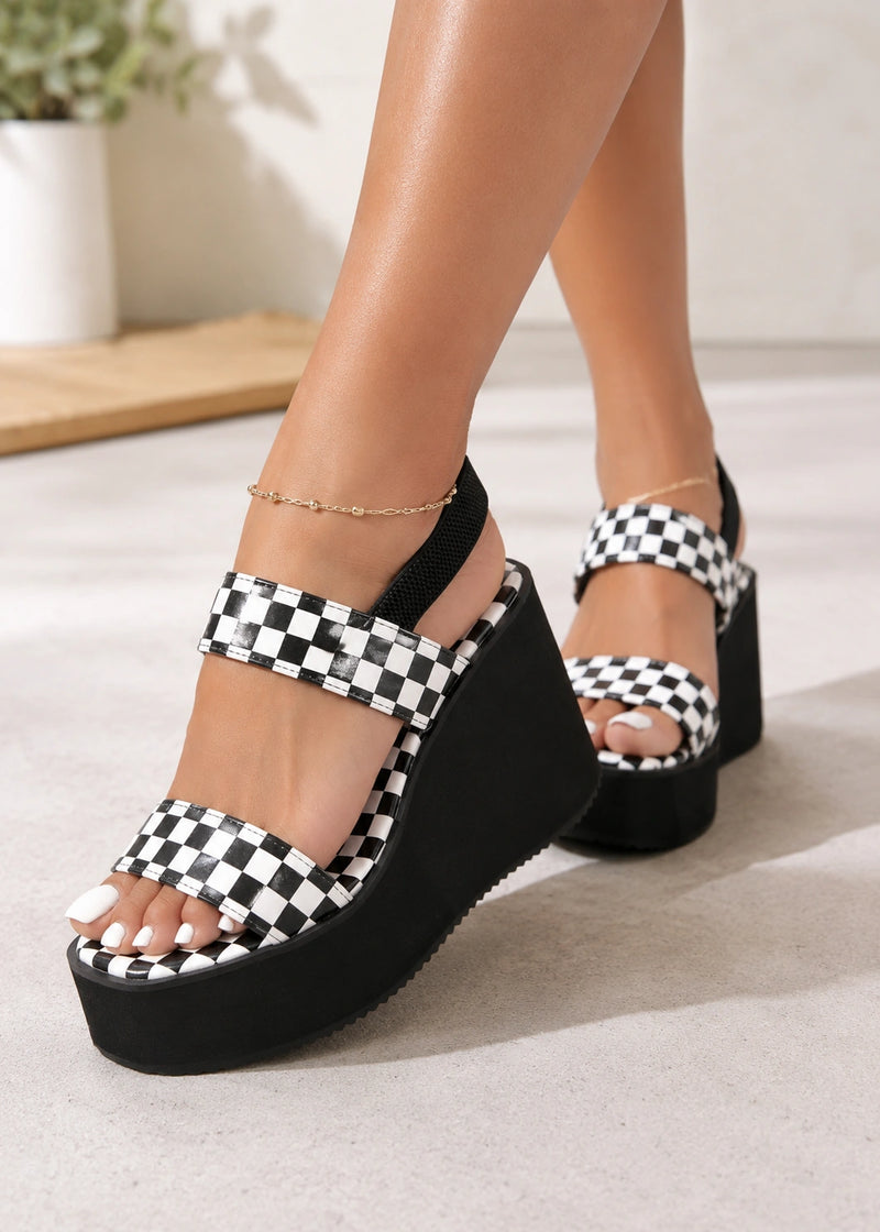 SALAZIA Checkered Wedge Platform Slingback Sandals