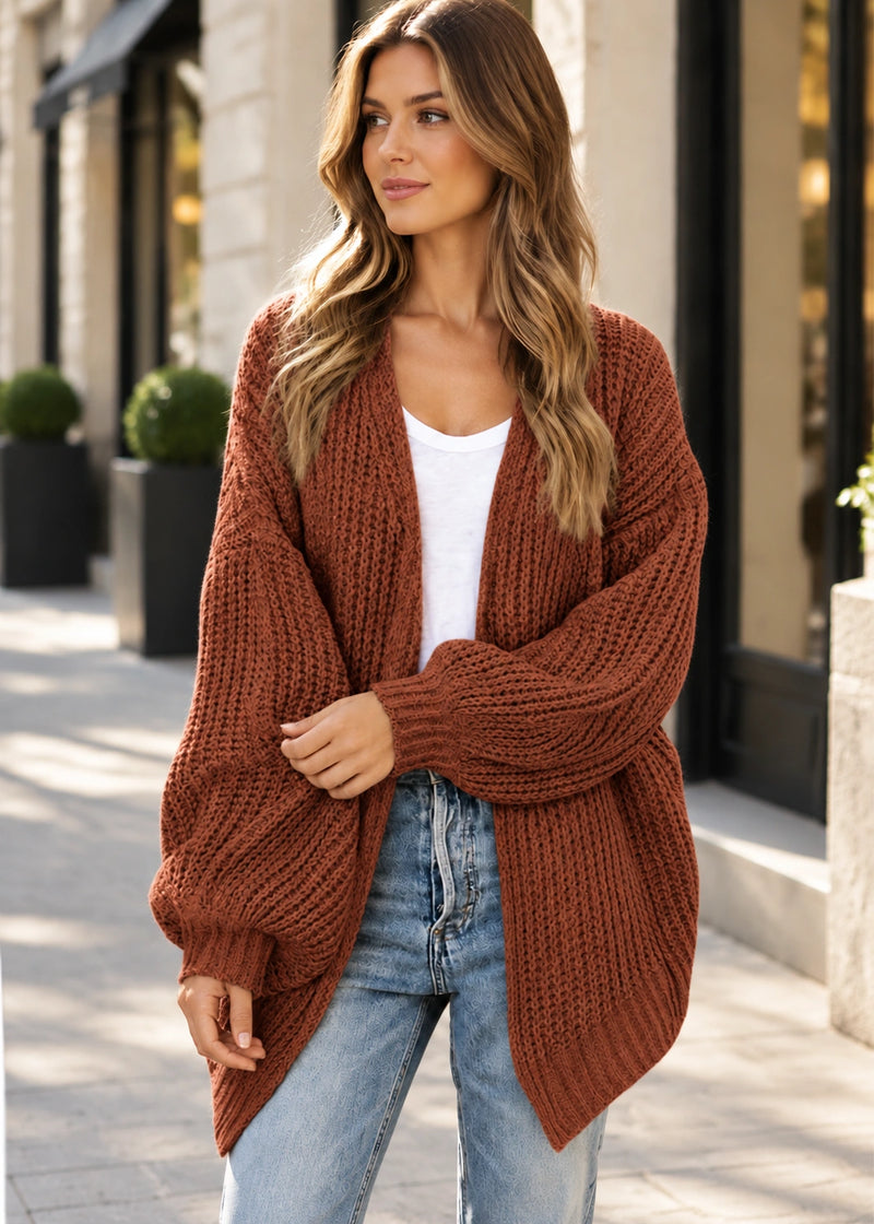 SALAZIA Chunky Knit Open-Front V-Neck Lantern Sleeve Cardigan