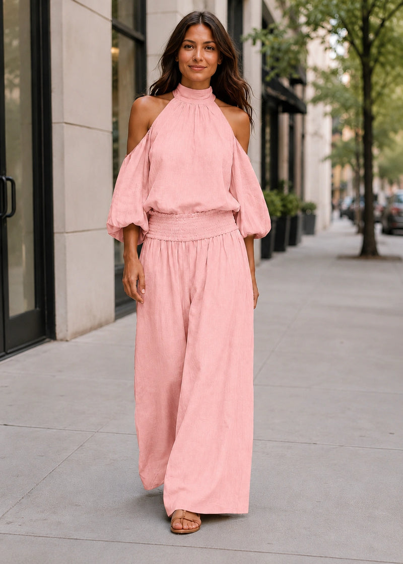 SALAZIA Cold-Shoulder Smocked Waist Balloon Sleeve Wide-Leg Pants Sets