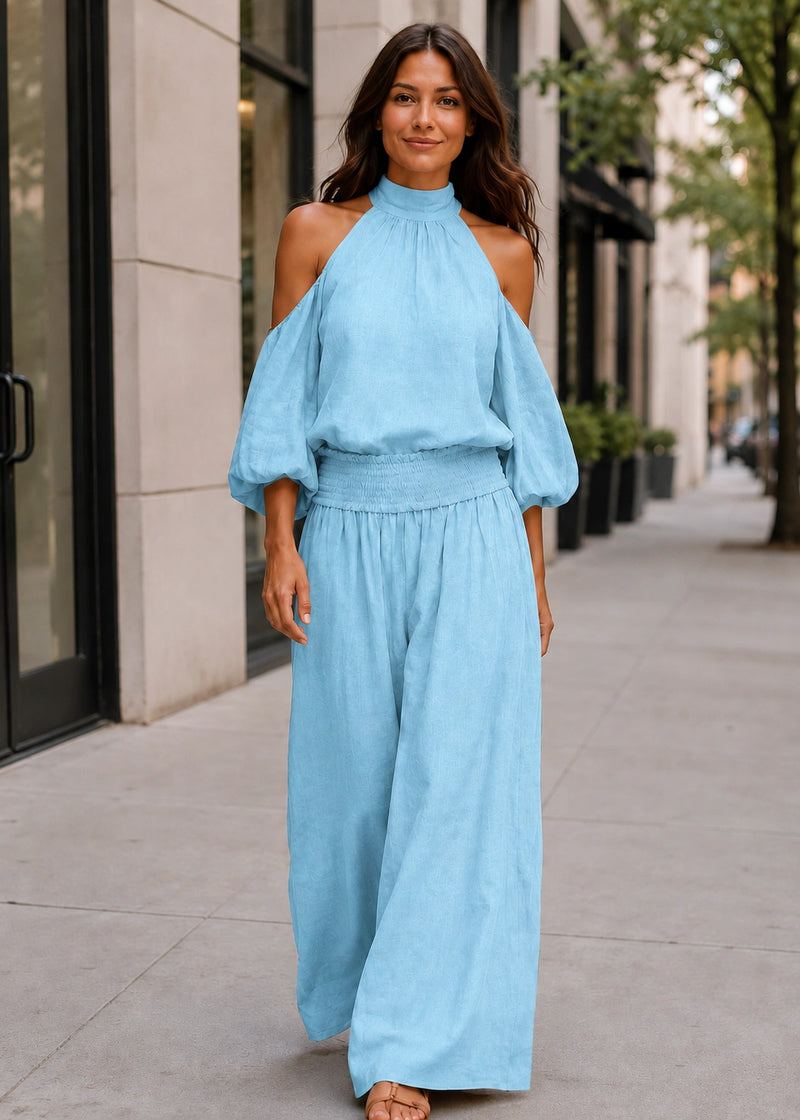 SALAZIA Cold-Shoulder Smocked Waist Balloon Sleeve Wide-Leg Pants Sets